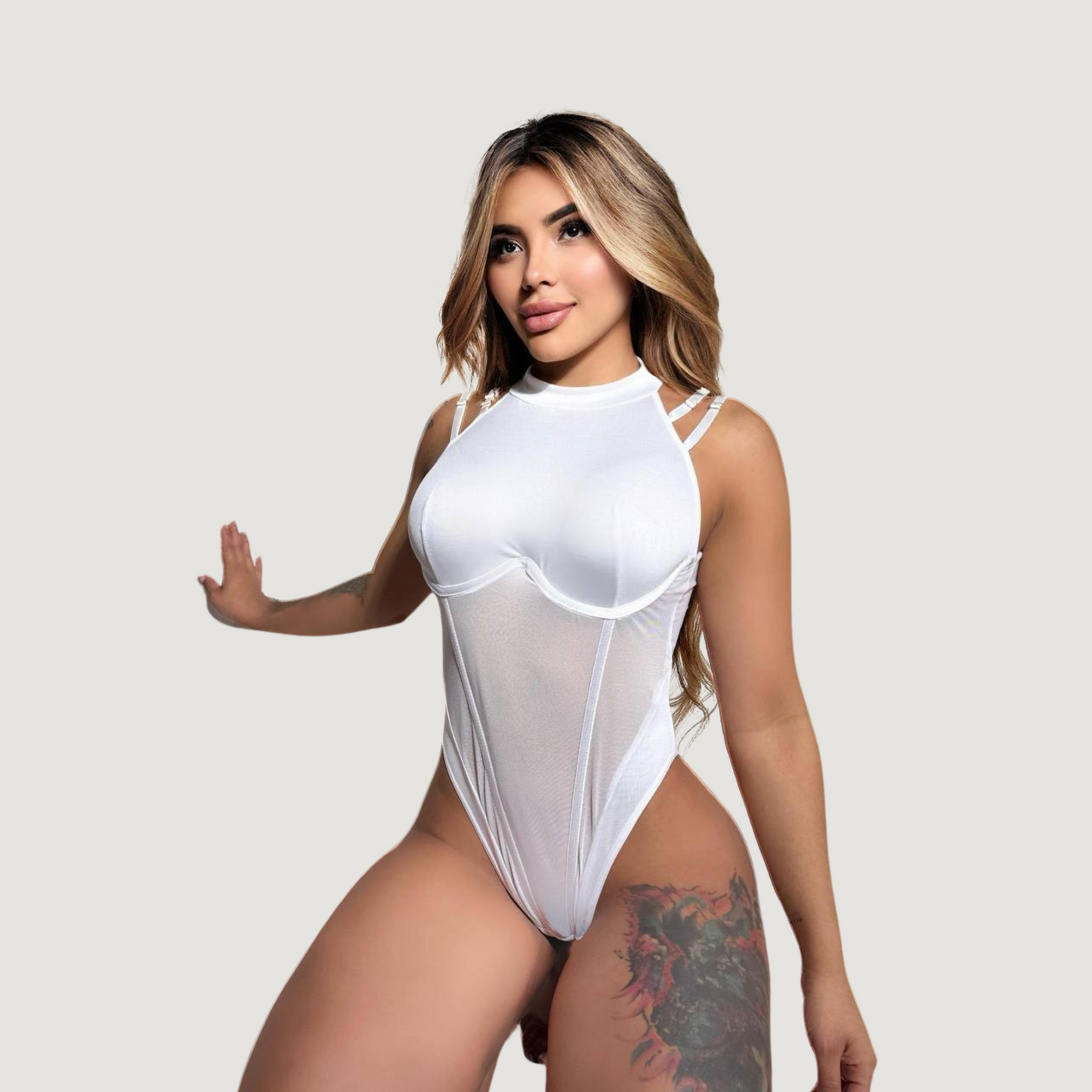 Textured Mesh Sleeveless Bodysuit