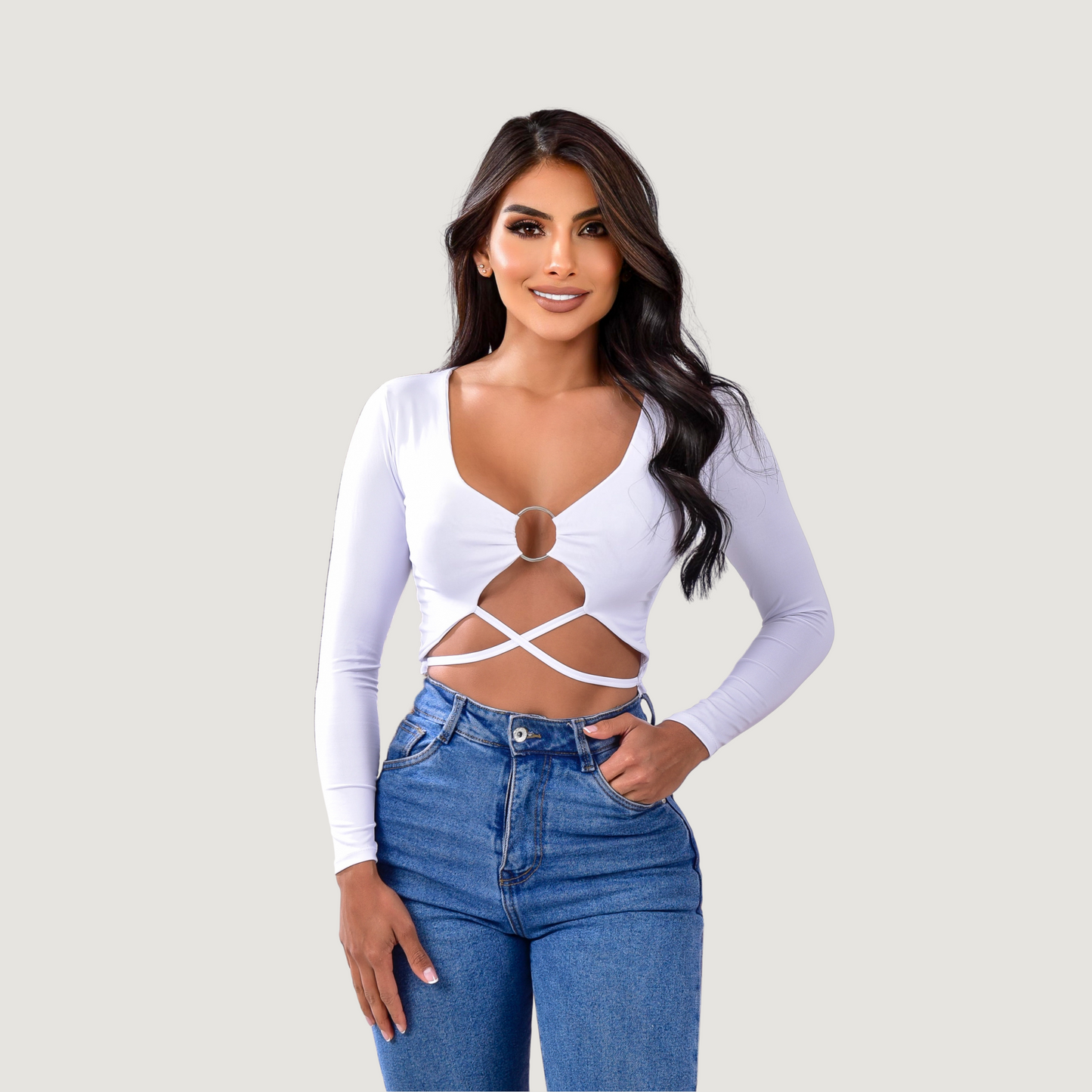 Long sleeve crop top- open neckline - Saida Fashion 