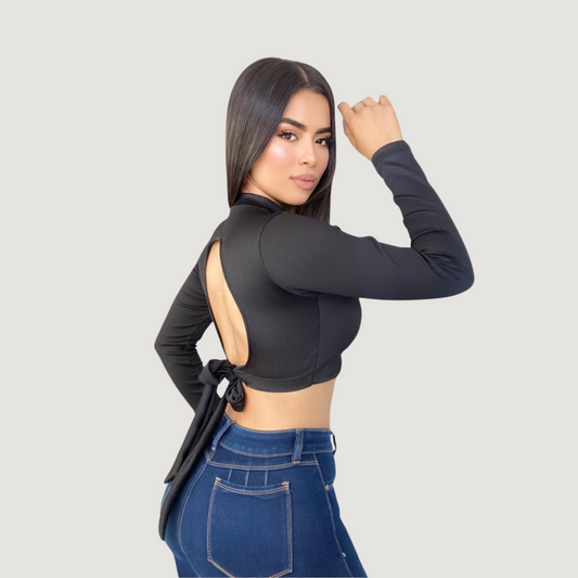 Ribbed Backless Long Sleeve Top..