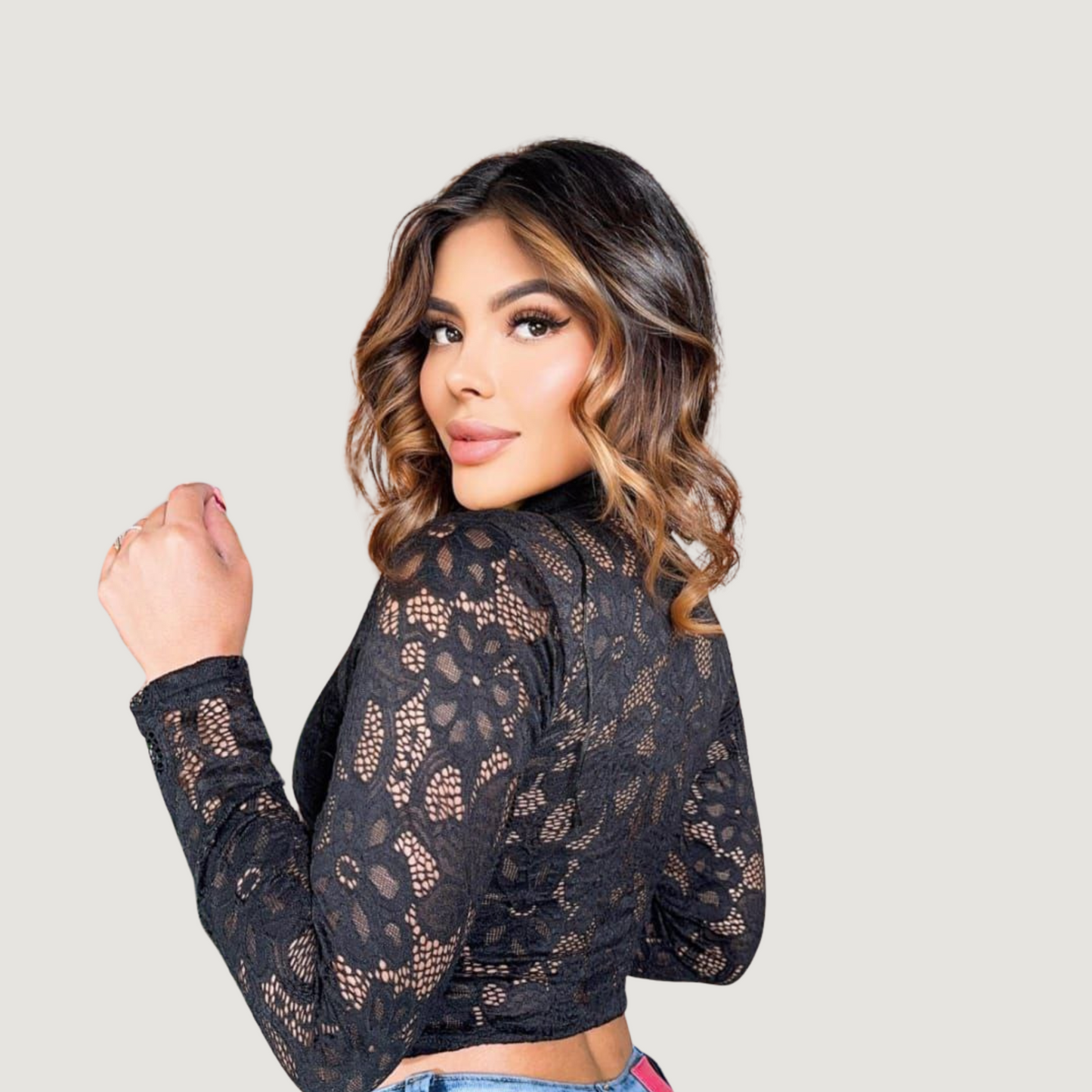 Stretch Lace Top with Sexy Cut-Outs and Long Sleeves for Women