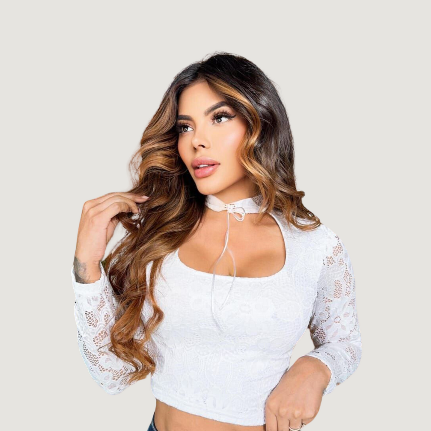 Stretch Lace Top with Sexy Cut-Outs and Long Sleeves for Women