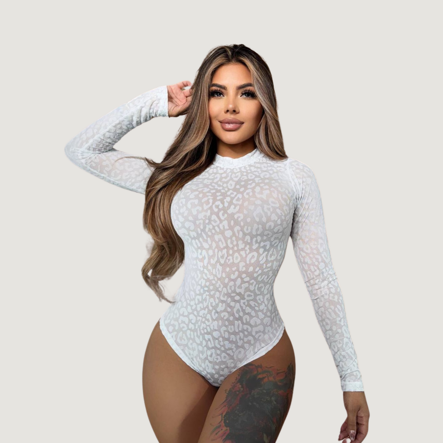 Leopard Mesh Bodysuit with Velvet Texture
