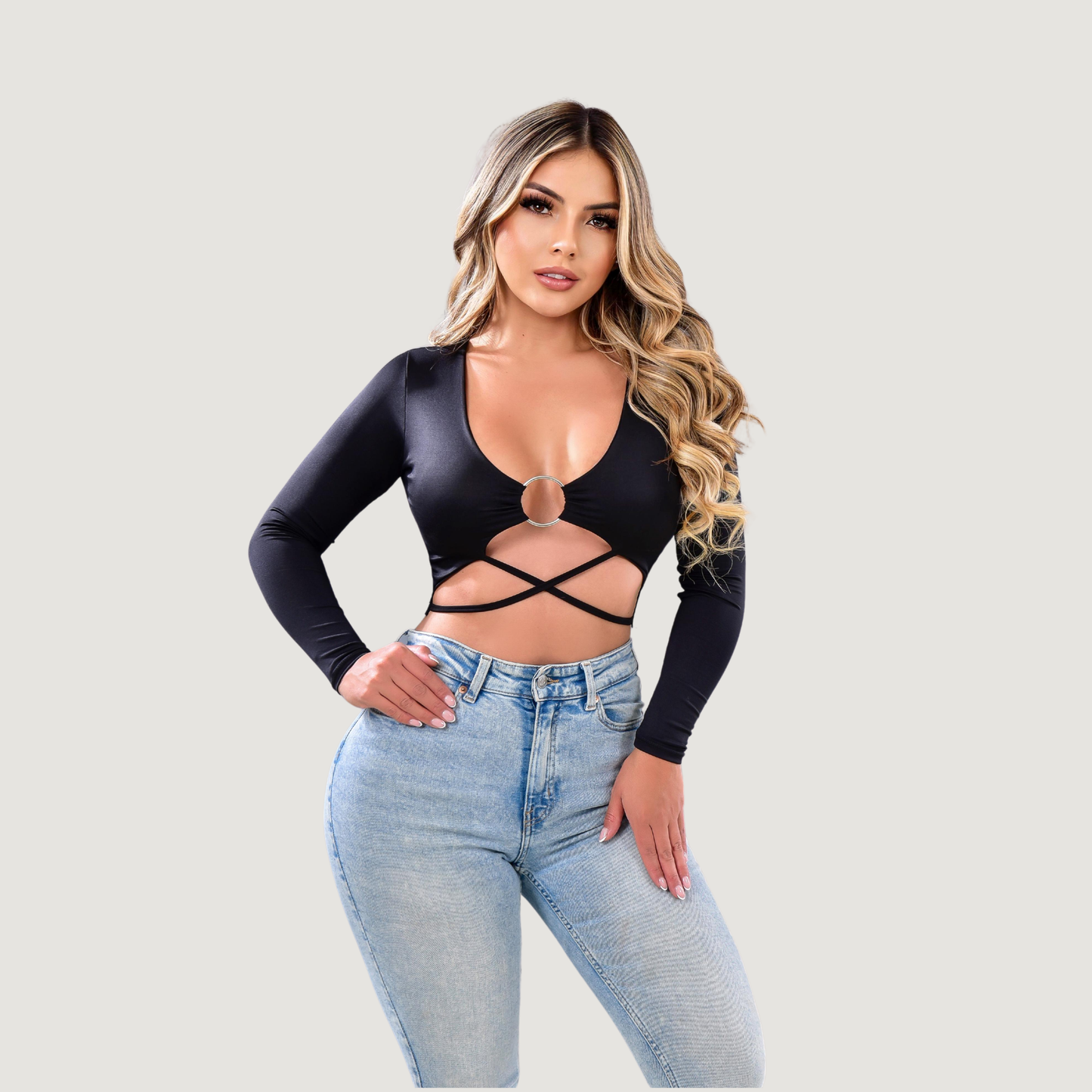 Long sleeve crop top- open neckline