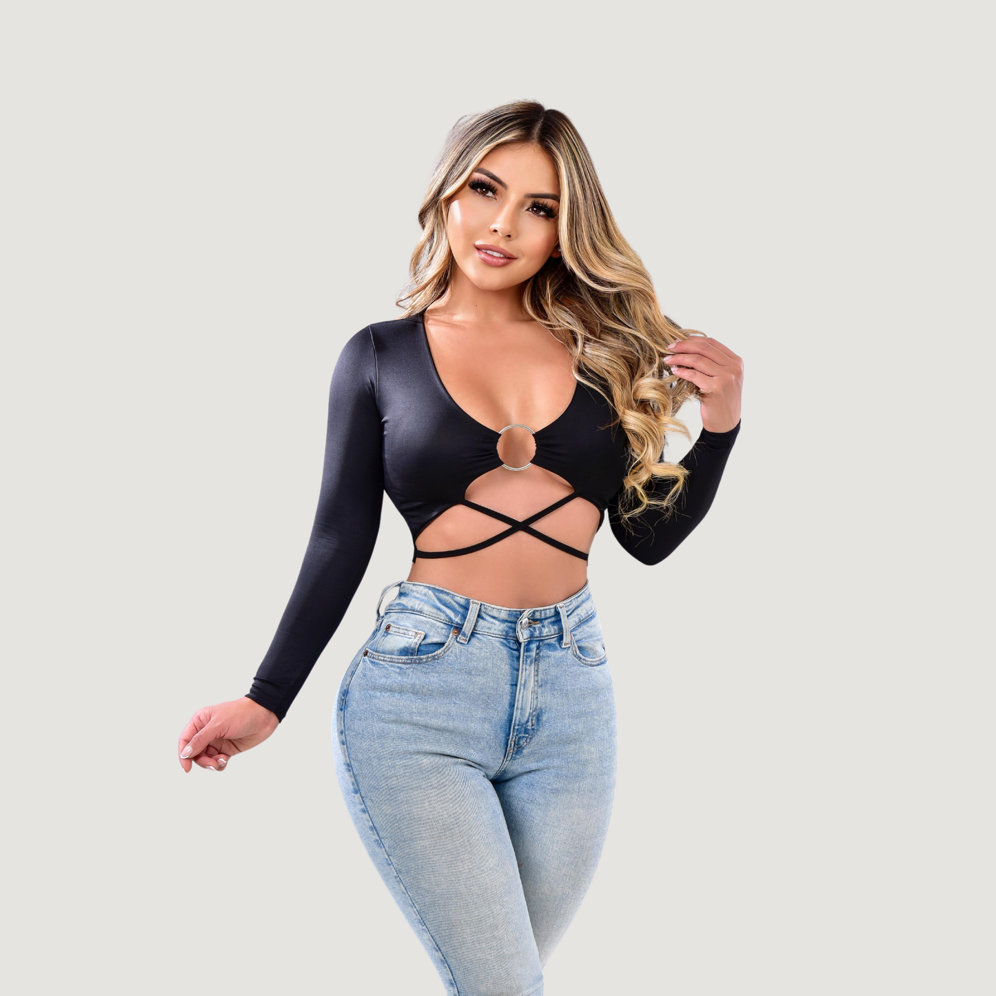 Long sleeve crop top- open neckline