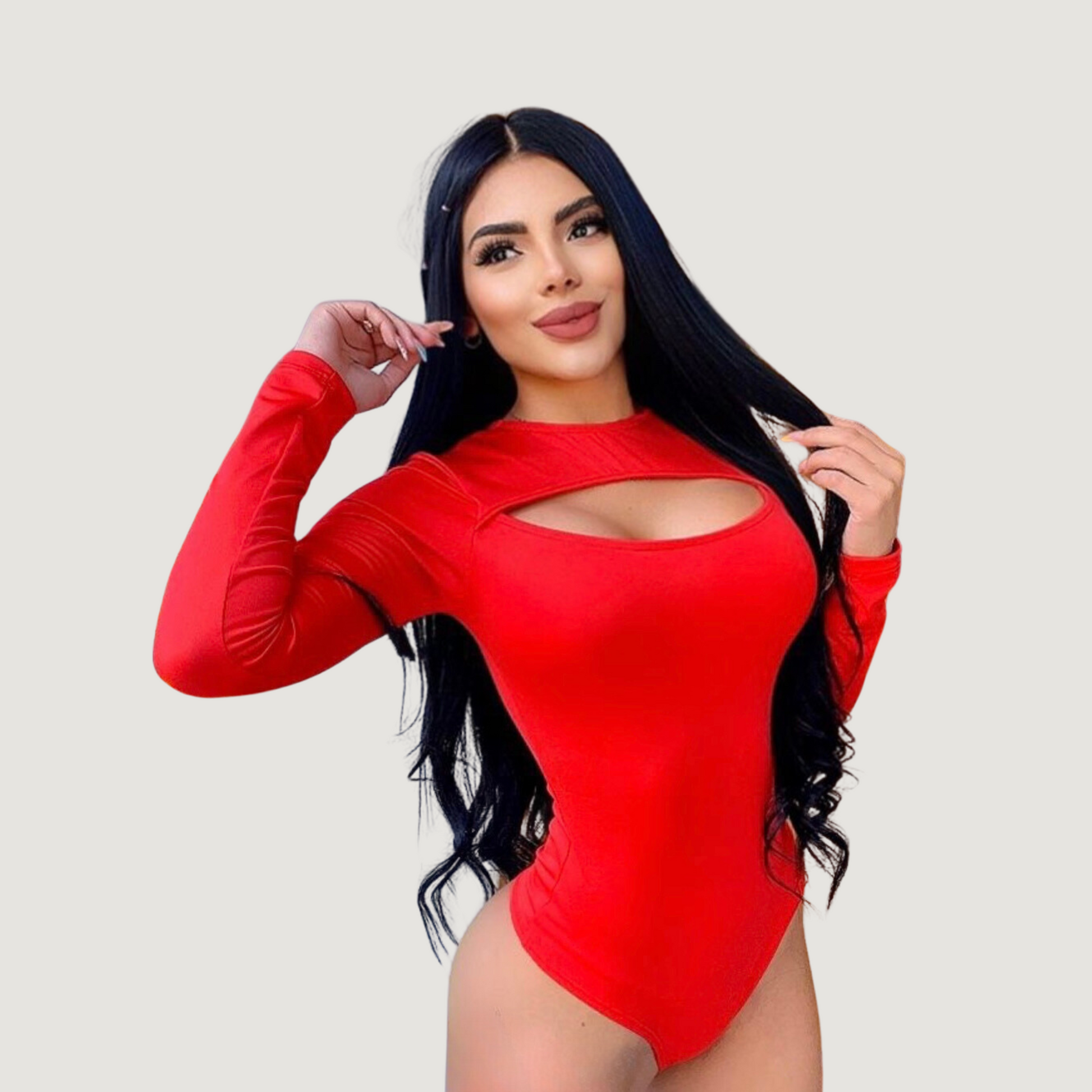 Cutout Bodysuit - Oval Neck Long Sleeve - Saida Fashion 