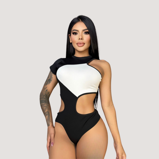 Cut Out Bodysuit - Asymmetric Sleeve - Saida Fashion 