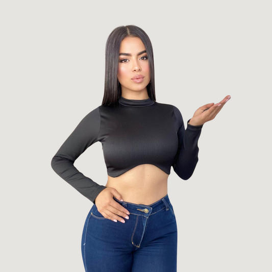 Ribbed Backless Long Sleeve Top