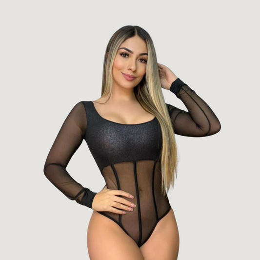 Sheer Mesh Bodysuit - Long Sheer Sleeves - Saida Fashion 