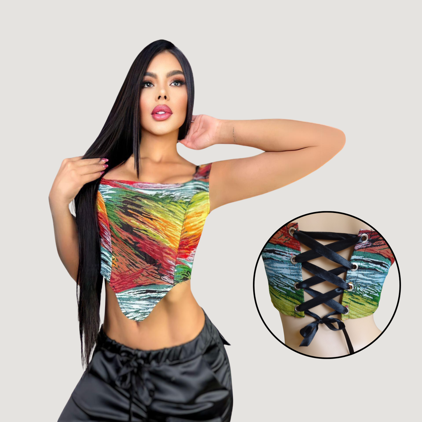 Corset crop top with pop art design - Saida Fashion 