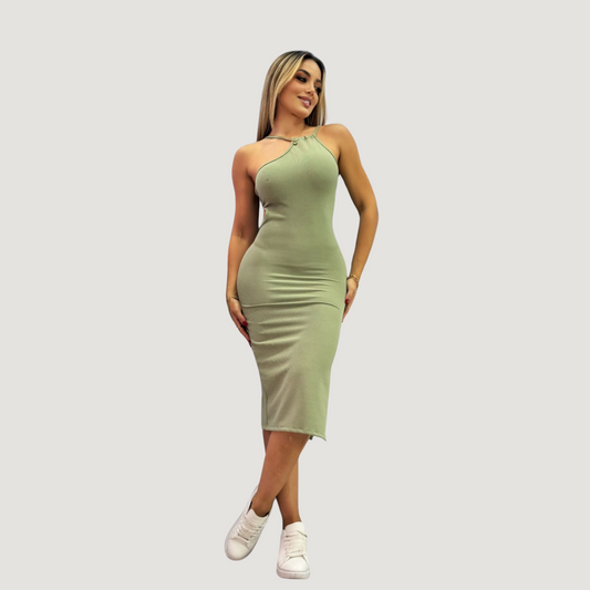 Asymmetrical Cut-Out Halter Dress - Saida Fashion 