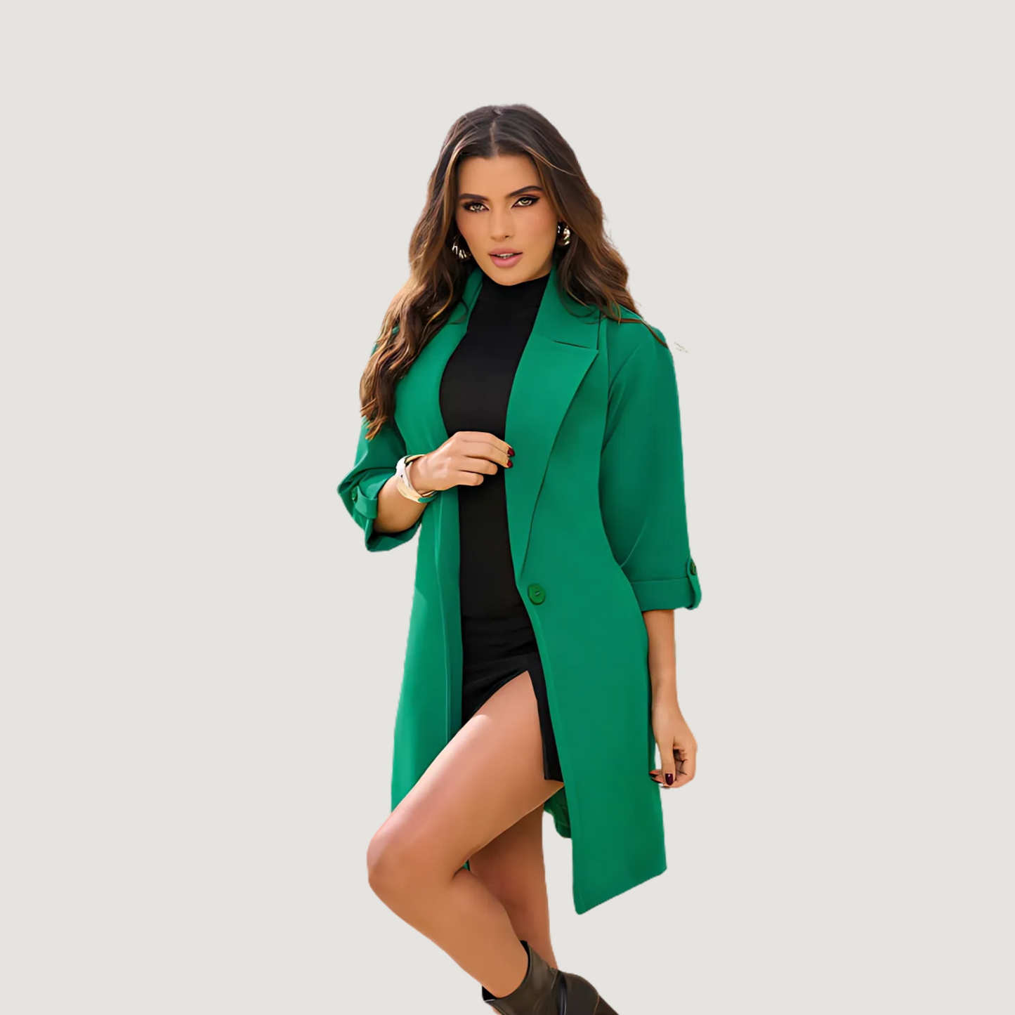 Abrigo verde elegante, estilo de un botón