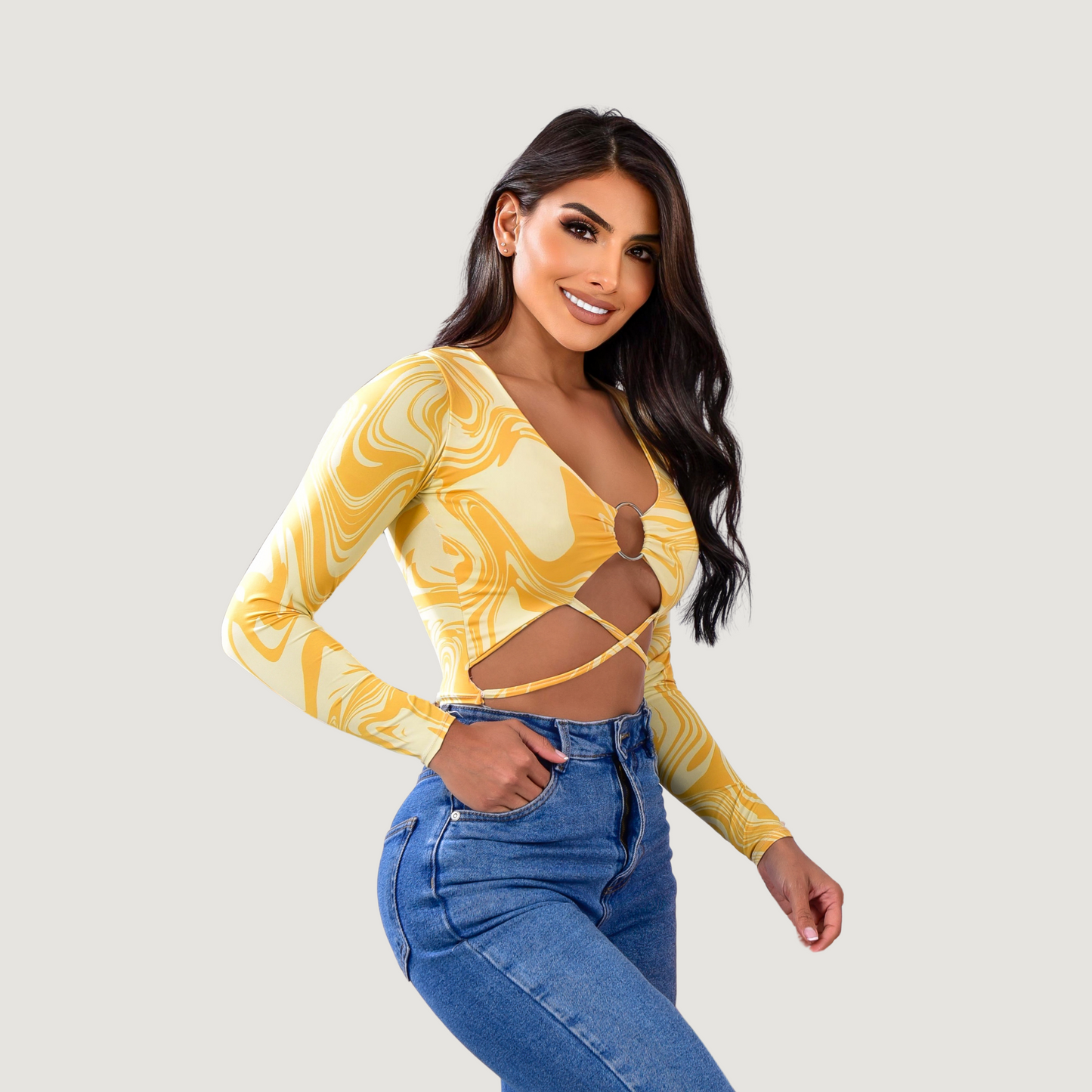 Long sleeve crop top- open neckline - Saida Fashion 