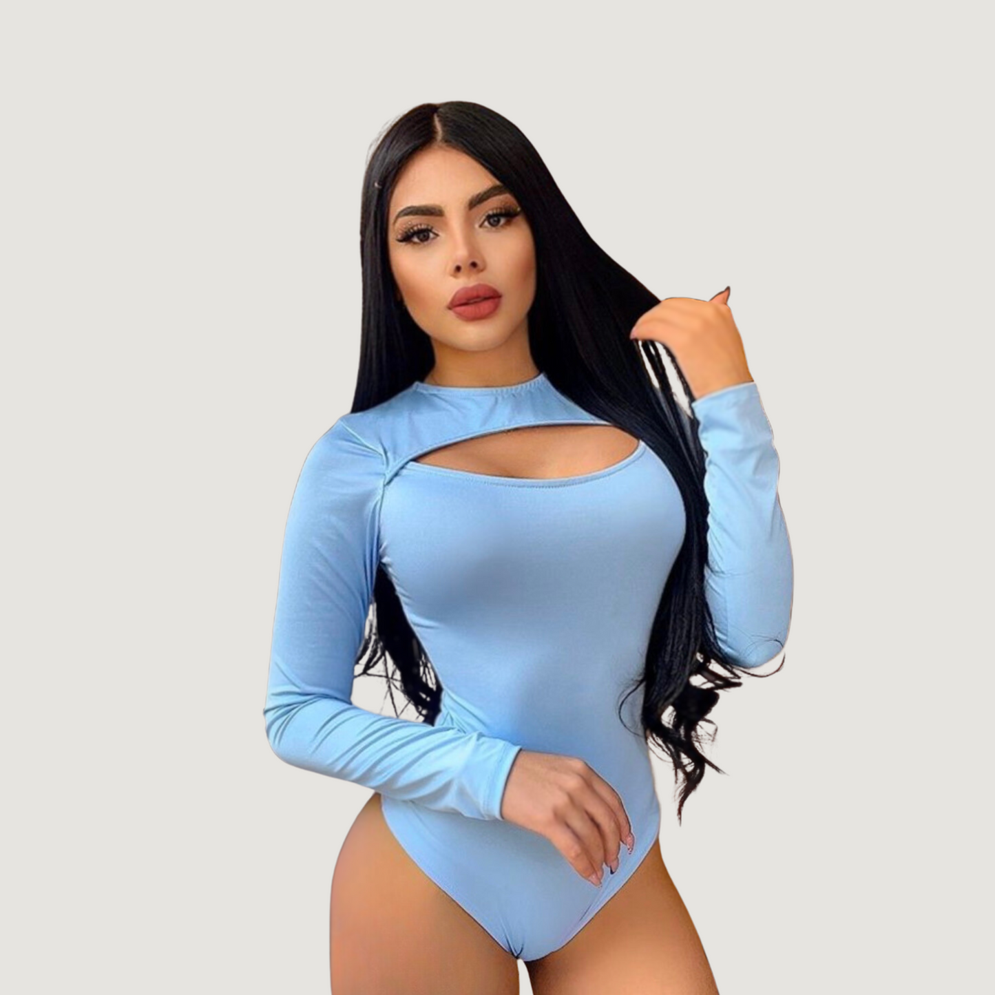 Cutout Bodysuit - Oval Neck Long Sleeve - Saida Fashion 