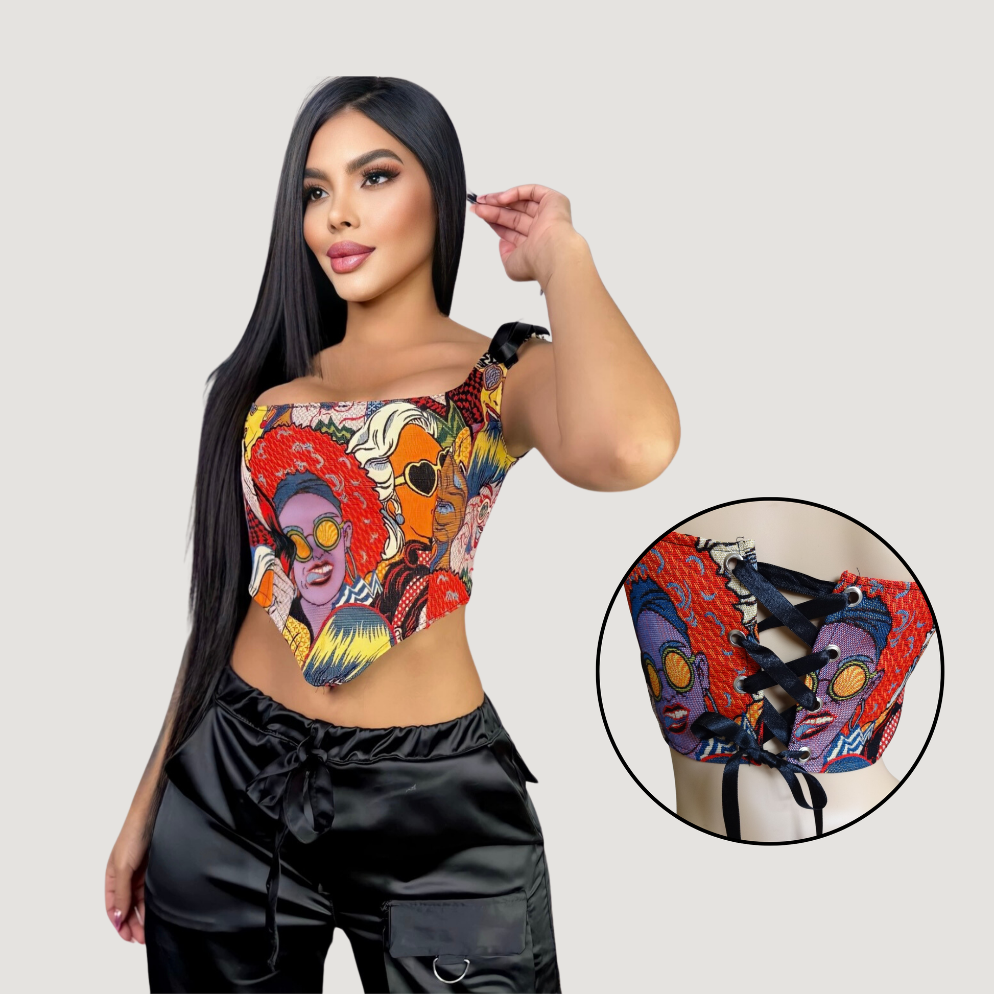 Corset crop top with pop art design - Saida Fashion 