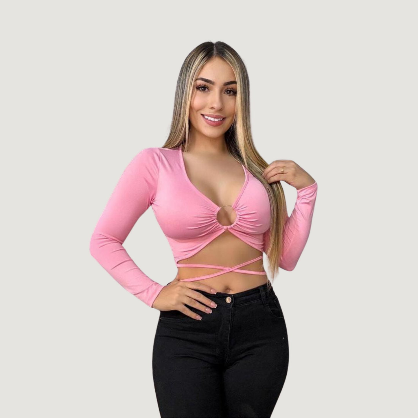 Long sleeve crop top- open neckline - Saida Fashion 