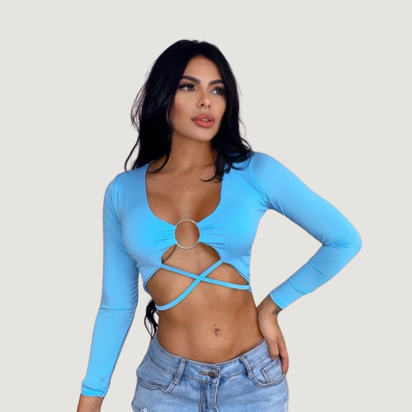 Long sleeve crop top- open neckline - Saida Fashion 