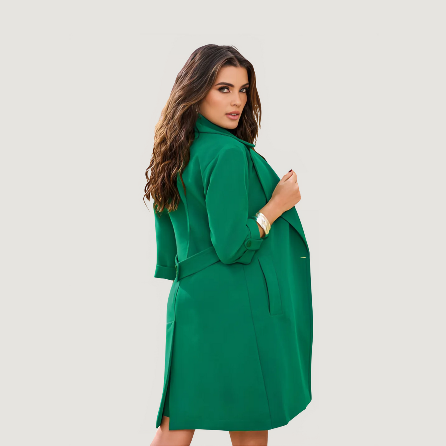 Abrigo verde elegante, estilo de un botón