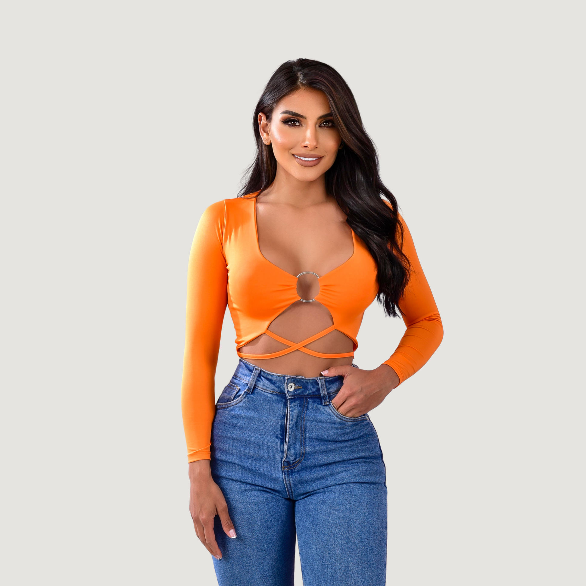 Long sleeve crop top- open neckline - Saida Fashion 