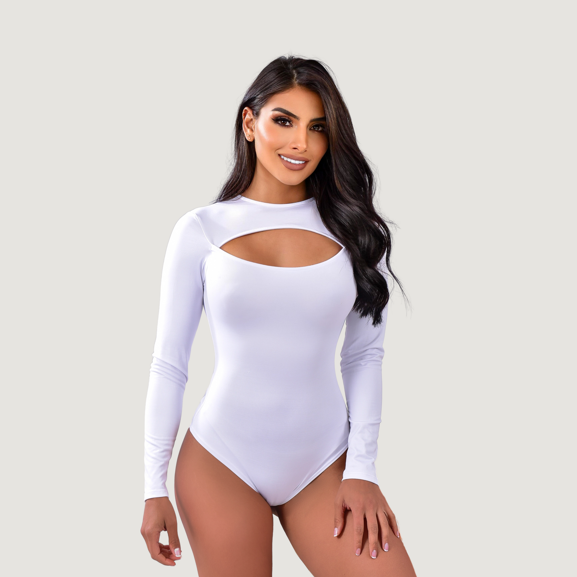 Cutout Bodysuit - Oval Neck Long Sleeve - Saida Fashion 