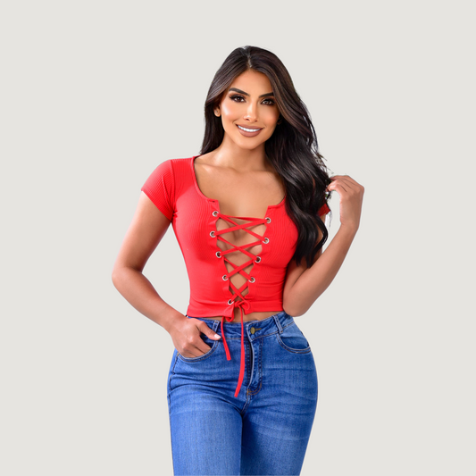 Criss cross crop top with lace-up neckline - Saida Fashion 