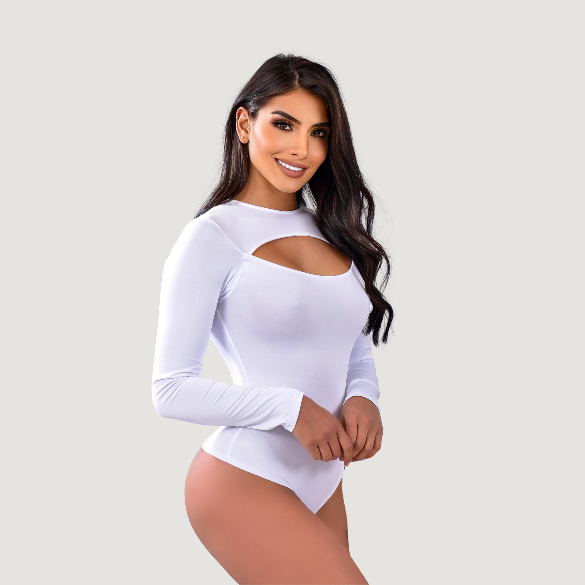 Cutout Bodysuit - Oval Neck Long Sleeve - Saida Fashion 