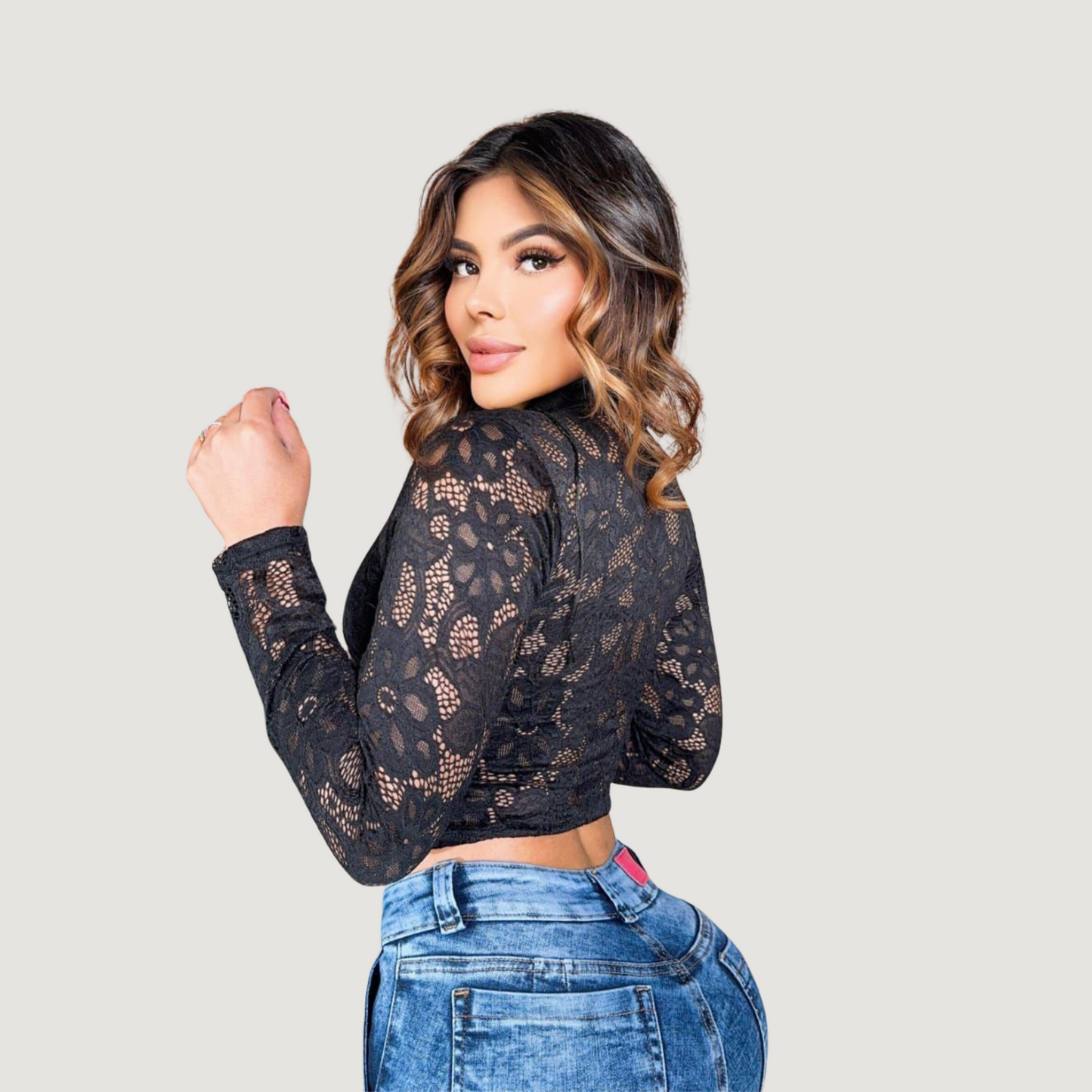 Stretch Lace Top with Sexy Cut-Outs and Long Sleeves for Women