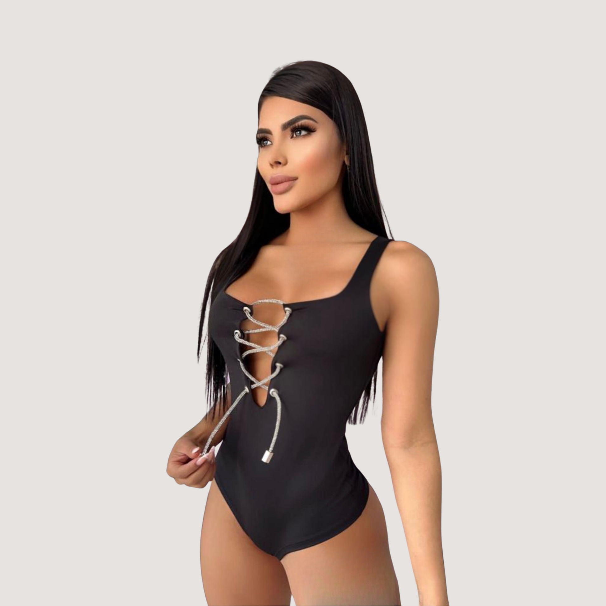 Criss Cross Bodysuit - Deep V-Neck Style - Saida Fashion 