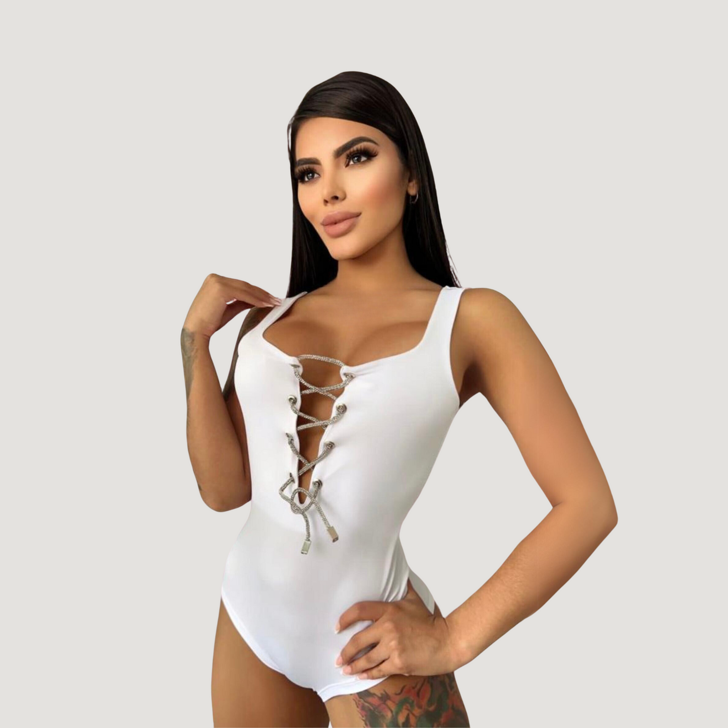 Criss Cross Bodysuit - Deep V-Neck Style - Saida Fashion 