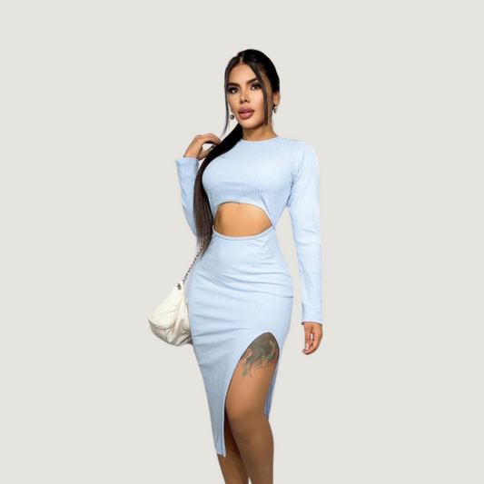 Ribbed Long Sleeve Dress with Slit