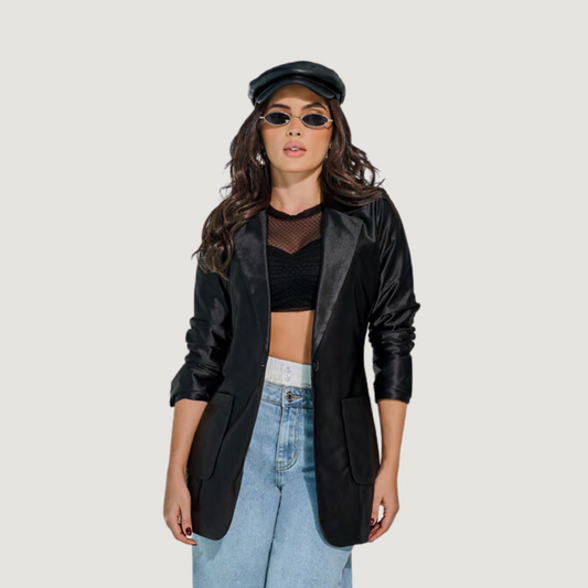 Blazer de satén para mujer con bolsillos de parche