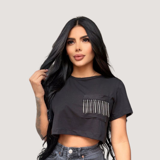 T-Shirt Crop Top - Loose Fit - Chain Detail